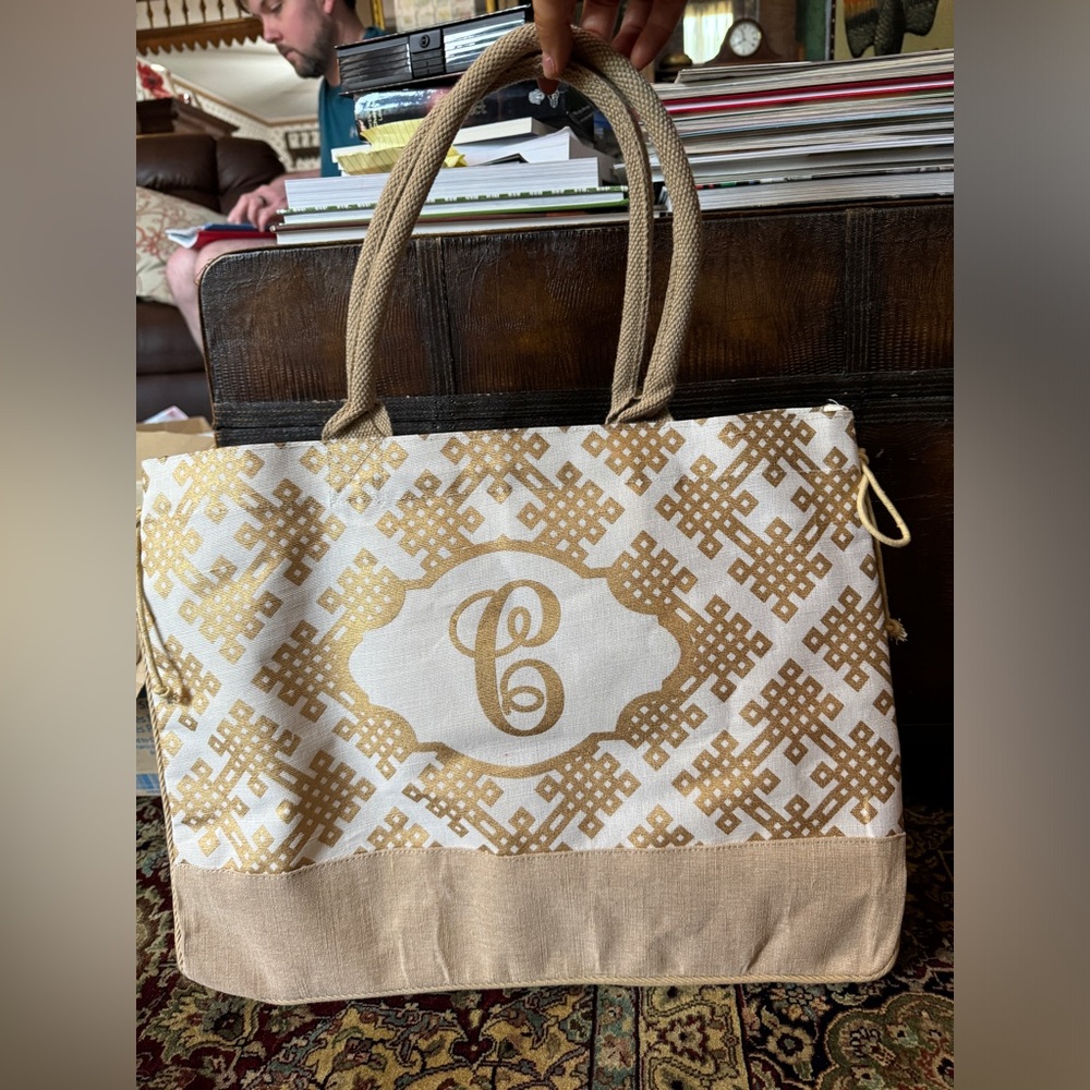 monogrammed jute tote, NWOT